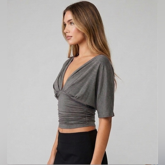 Grey Ruched Deep V-Neck Cropped Top with Dolman Sleeves - Picture 5 of 7